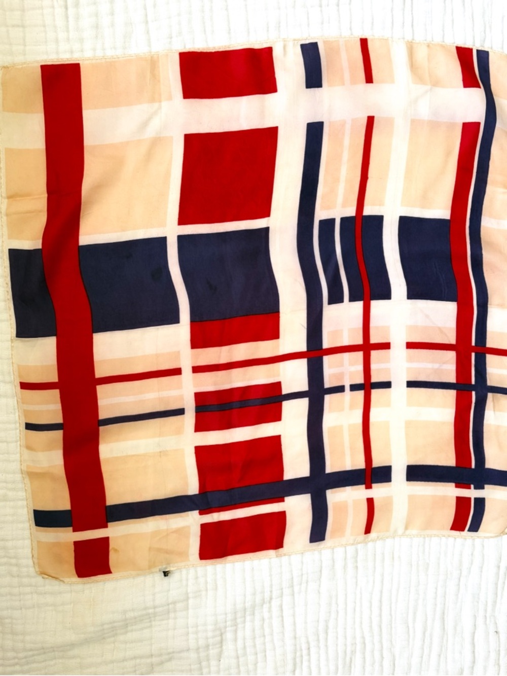 Vintage Made in Japan Geometric Scarf Red Navy Tan Retro 60s 70s Polyester